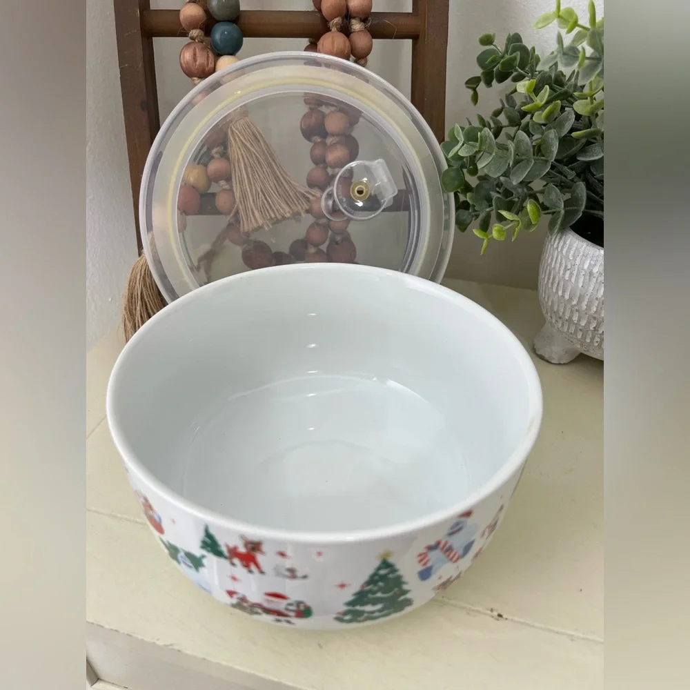 ZRIKE -32 Oz Round Plastic Microwave Bowl w/Vent Lid (Rudolph Christmas)